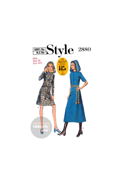 70s Dress in Two Lengths with Hood and Long or Short Sleeves, Bust 32.5" (83 cm) Style 2880, Vintage Sewing Pattern Reproduction