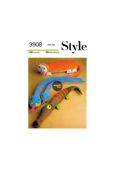 70s Set of Stuffed Toys: Big or Little Snake, Cat and Crocodile, Various Sizes, Style 3908, Vintage Sewing Pattern Reproduction