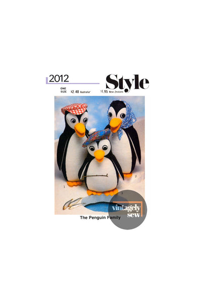 70s Set of Stuffed Toys: Penguin Family with Hats, Various Sizes, Style 2012, Vintage Sewing Pattern Reproduction