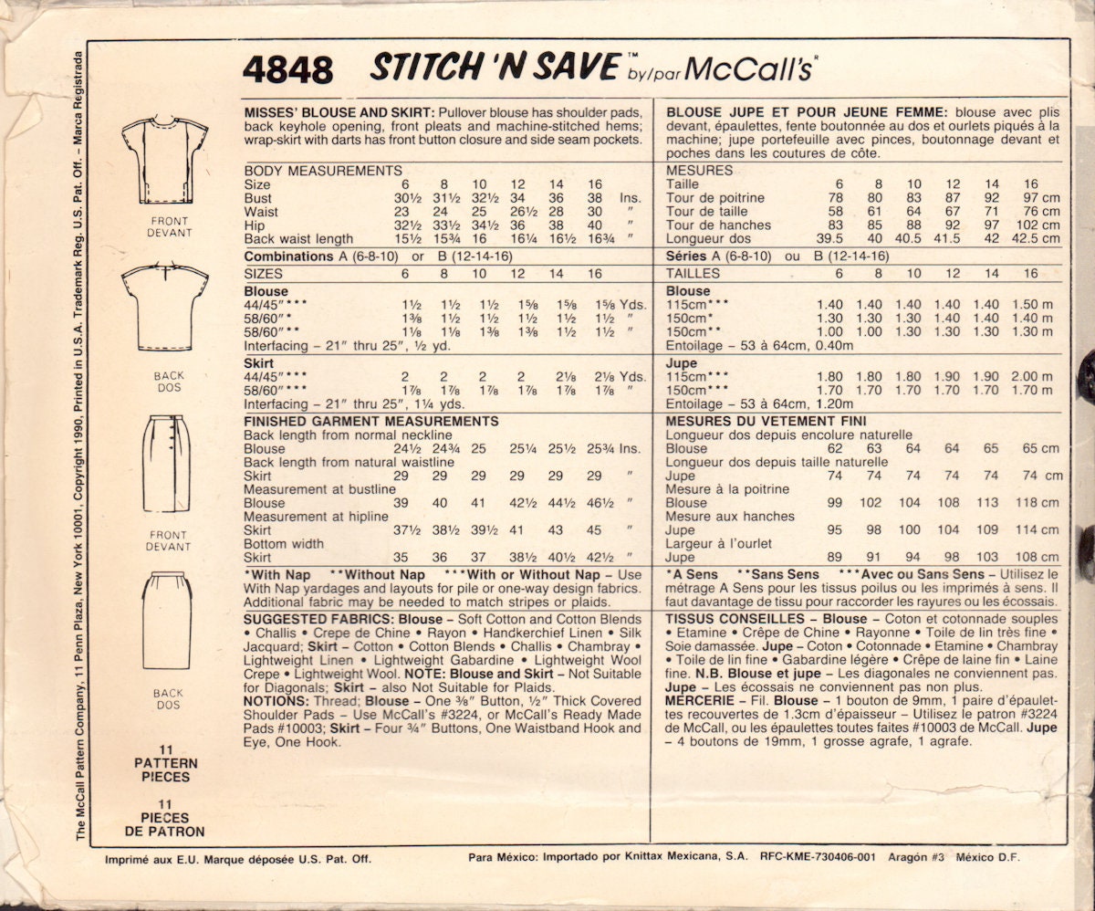 Stitch 'N Save 4848 Sewing Pattern, Blouse and Skirt, Size 12-14-16, U ...