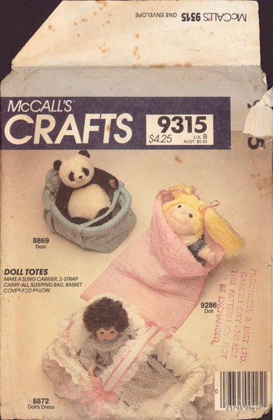McCall's 9315 Sewing Pattern, Doll Totes, One Size, Neatly Cut, Complete