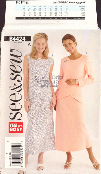 See&Sew 4424 Sewing Pattern, Top And Skirt, Size 8-10-12, Uncut, Factory Folded