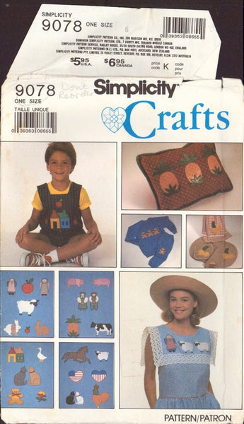Simplicity 9078 Sewing Pattern, Farm Animal Appliques, One Size, Uncut, Factory Folded