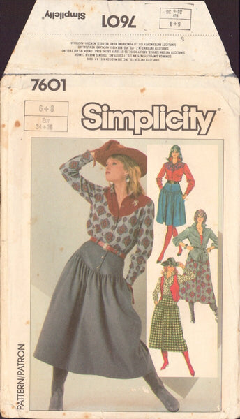 Simplicity 7601 Sewing Pattern, 2-Lengths Skirt, Shirt and Lined Vest, Size 6-8, Partially Cut, Complete
