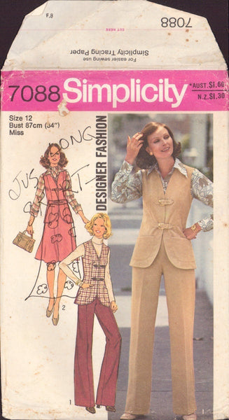 Simplicity 7088 Sewing Pattern, Vest, Bias Skirt and Pants, Size 12, Uncut, Factory Folded