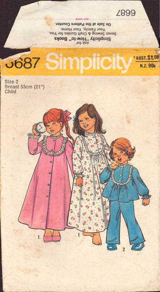 Simplicity 6687 Sewing Pattern, Children's Robe, Nightgown & Pajamas, Size 2, Cut, INCOMPLETE