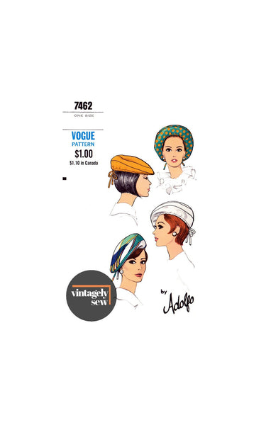 60s Three Sectioned Bias Beret by Adolfo, Head Size 21.5 -23"(54.6-59 cm), Vogue 7462, Vintage Sewing Pattern Reproduction