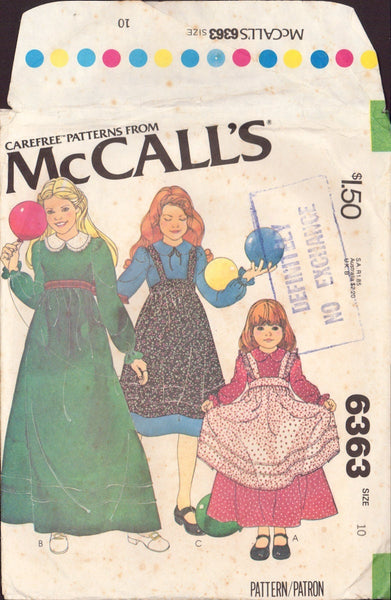 McCalls 6363 Sewing Pattern, Children's and Girls' Dress and Pinafore, Size 10, Partially Cut, Complete