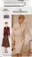 Vogue 9292 Lined, Above Hip Jacket and Tapered or Flared Skirt, Uncut, Factory Folded Sewing Pattern Size 8-12