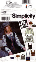 Simplicity 5799 Peasant Blouse, Corset Vest, Wide Belt, Hats and Bags, Uncut, Factory Folded Sewing Pattern Size 11/12-15/16