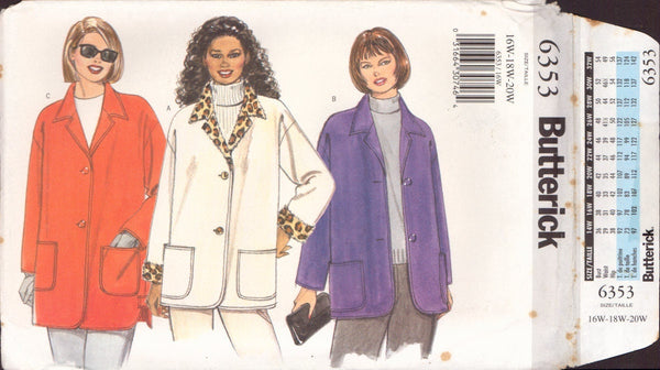 Butterick 6353 Sewing Pattern, Women's Jacket, Size 16W-18W-20W, Uncut, Factory Folded
