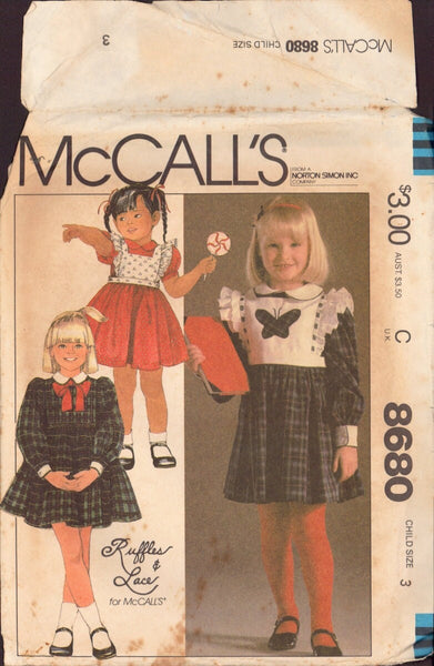 McCall's 8680 Sewing Pattern, Children's Dress and Bib, Child Size 3, Partially Cut, Complete