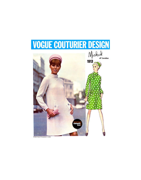 60s Slightly A-line, Mod Dress with Back Button Closing, Bust 36" (92 cm) Vogue Couturier Design 1913, Vintage Sewing Pattern Reproduction