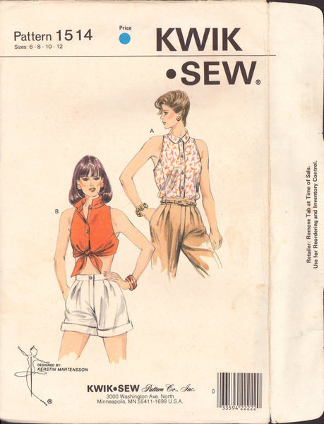 Kwik Sew 1514 Sewing Pattern, Blouses, Size 6-12, Cut, Complete