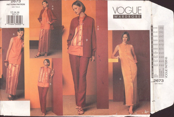 Vogue 2673 Sewing Pattern, Shirt, Dress, Top and Vest, Size 12-14-16, Partially Cut, Complete