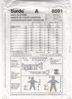 Burda 8591 Clothing for 31 cm and 38 cm Dolls and Portable Baby Doll Basinette, Uncut, Factory Folded Sewing Pattern