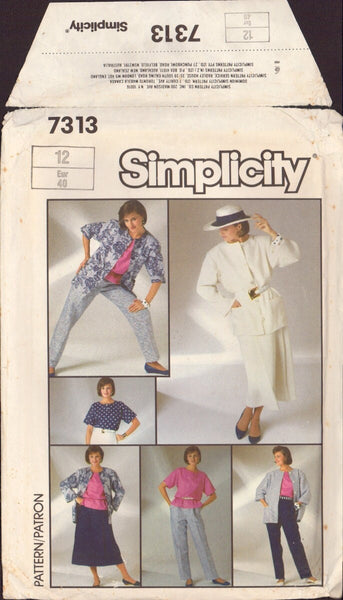 Simplicity 7313 Sewing Pattern, Pants, Skirt, Top and Jacket, Size 12, Uncut, Factory Folded