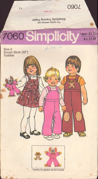 Simplicity 7060S Sewing Pattern, Toddler's Overalls, Jumper and Doll, Size 3, Partially Cut, Complete