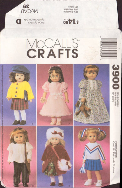 McCall's 3900 Sewing Pattern, 18 Inch Doll Wardrobe, One Size, Partially Cut, Complete