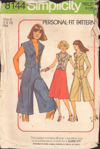 Simplicity 8144 Sewing Pattern, Skirt, Gauchos and Vest-Jacket, Size 8-10, Partially Cut, Complete