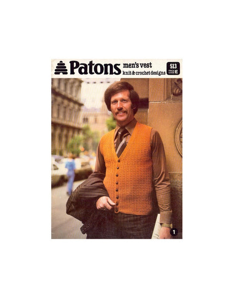 Patons 513 - 70s Knitting Patterns and One Crochet Pattern for Men's Vests, Instant Download PDF 16 pages