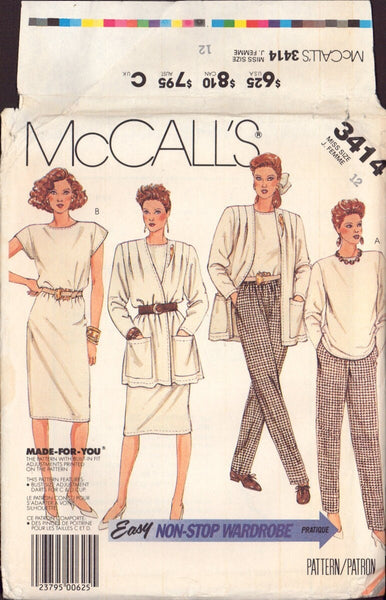 McCall's 3414 Sewing Pattern Unlined Jacket, Top, Skirt Pants, Size 12, Uncut Factory