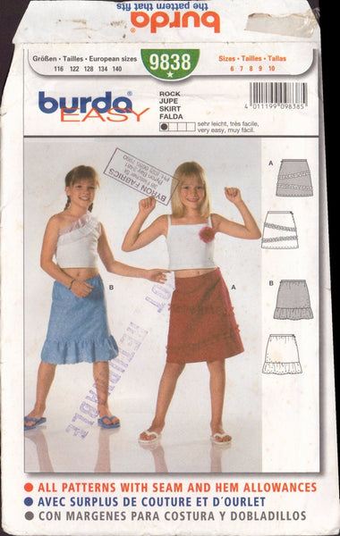 Burda 9838 Sewing Pattern, Skirt, Size 6-10, Uncut, Factory Folded