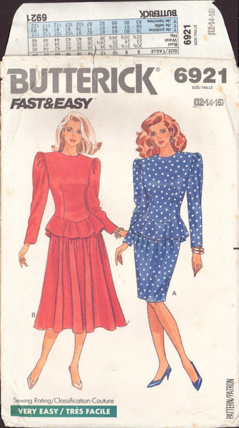 Butterick 6921 Sewing Pattern, Top and Skirt, Size 12-14-16, Uncut, Factory Folded