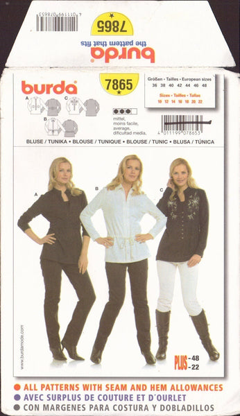 Burda 7865 Sewing Pattern, Women's Blouse, Size 10-22, Uncut, Factory Folded