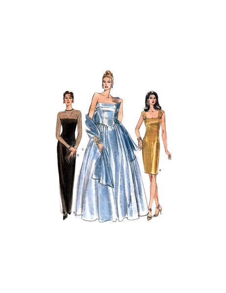 Vogue 9397 Evening Dress in Three Lengths and Styles with Lined Stole, Partially Cut, Complete Sewing Pattern Size 8-12