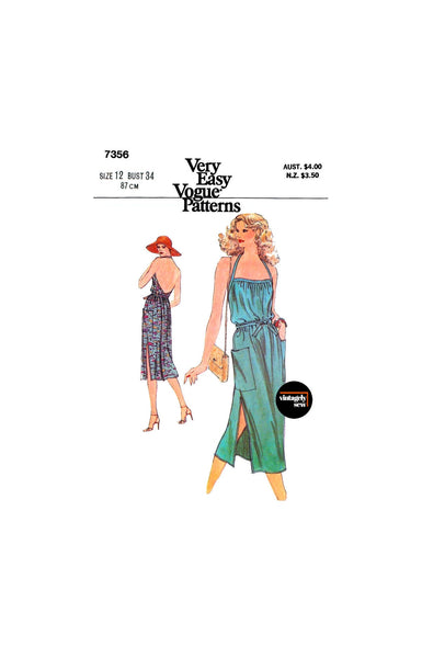 70s Halter Neck, Back Wrap Sundress with Front Pockets, Bust 34" (87 cm) Vogue 7356, Vintage Sewing Pattern Reproduction