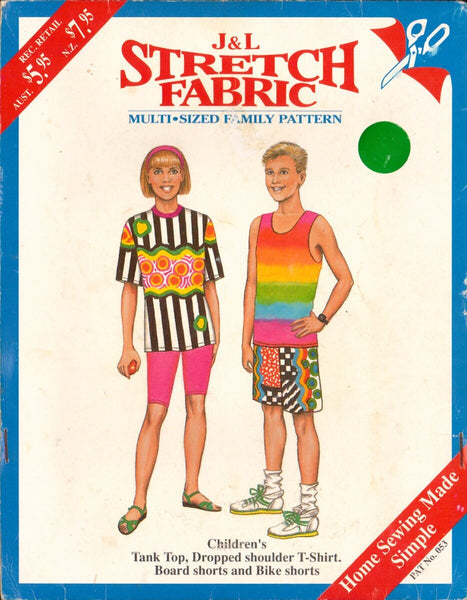 J&L 053 Sewing Pattern, Children's Tank Top, T-Shirt, Board Shorts and Bike Shorts, Size 2-12, Uncut, Factory Folded