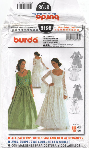 Burda 8198 Medieval Style Fitted and Flared Bridal or Wedding Dress, U Patterns Central Burda 8198 Medieval Style Fitted and Flared Bridal or Wedding Dress, U Patterns Central