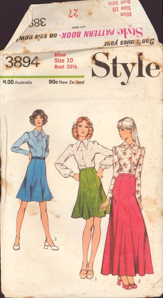 Style 3894 Sewing Pattern, Skirt and Blouse, Size 10, Partially Cut, Complete