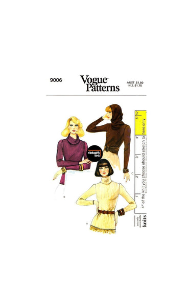 70s Hooded, Turtleneck Sweater, Bust 31.5" (80 cm) or 32.5" (83 cm) Vogue 9006, Vintage Sewing Pattern Reproduction