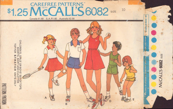 McCall's 6082 Sewing Pattern, Children's Tops, Shorts, Skirts, Culottes, Size 10, Partially Cut, Complete
