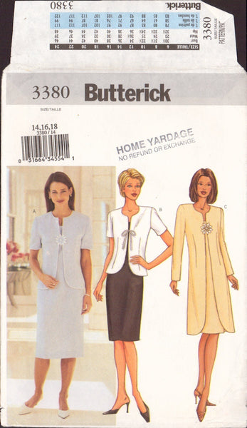 Butterick 3380 Sewing Pattern, Jacket and Dress, Size 14-16-18, Uncut, Factory Folded