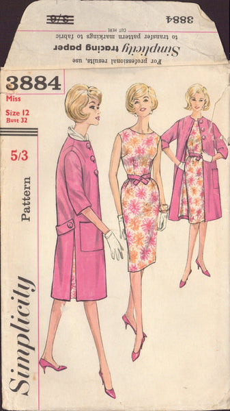 Simplicity 3884 Sewing Pattern, Dress and Coat, Size 12, Cut, Complete