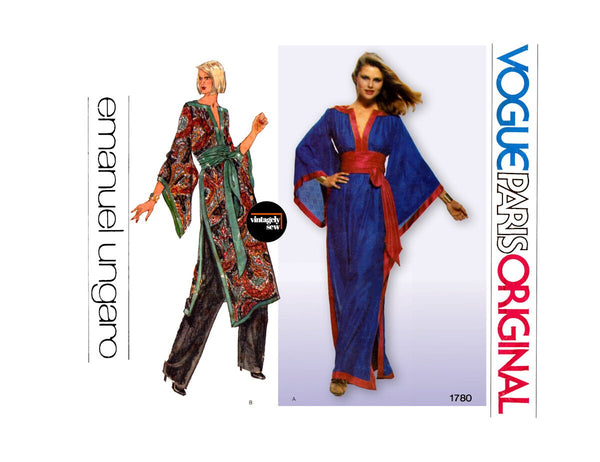 70s Dress in Two Lengths, Sash and Pants, Bust 36" (92 cm) Vogue 1780, Vintage Sewing Pattern Reproduction