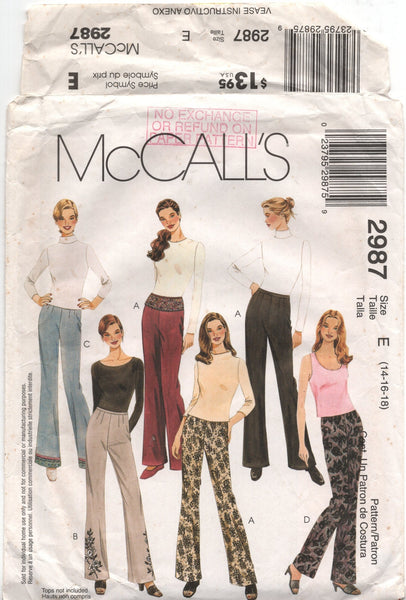 McCall's 2987 Sewing Pattern, Women's Bootleg Pants and Belt, Size 14-16-18, Cut, Complete