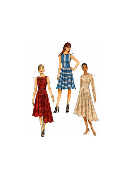 Vogue 9149 Fit and Flare Dress with Optional Shaped Hemline, Uncut, Factory Folded, Sewing Pattern Size 14-22