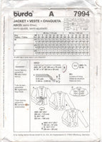 Burda 7994 Jacket with Style and Trim Variations, Uncut, Factory Folded, Sewing Pattern Multi Size 6-18