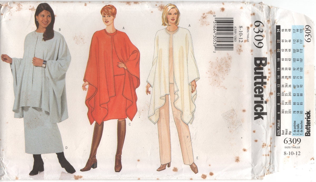 Butterick 6309 Oversized Draped Cape, Top, Tunic, Skirt and Pants, Unc ...