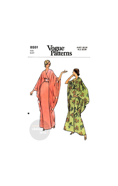 70s Batwing Sleeve Wrap Caftan, Bust 32.5" (83 cm), 34" (87 cm), 36" (92 cm) or 38" (97 cm), Vogue 8551 Sewing Pattern Reproduction