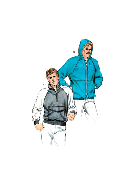 Kwik Sew 1367 Men's Raglan Sleeve Jacket with Hood or Large Centre Patch Pocket, Uncut, Factory Folded Sewing Pattern Multi Size 34-48