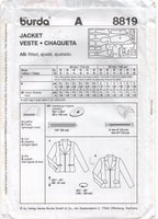 Burda 8819 Close Fitting, Zipper Front Leather Jacket, Uncut, Factory Folded Sewing Pattern Multi Size 10-20