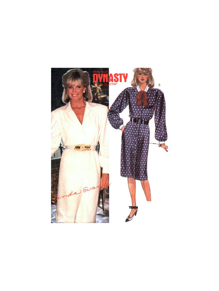 McCall's 9389 Linda Evans Dynasty Front Buttoned Dress with Bow, Uncut, Factory Folded, Sewing Pattern Size 12-16