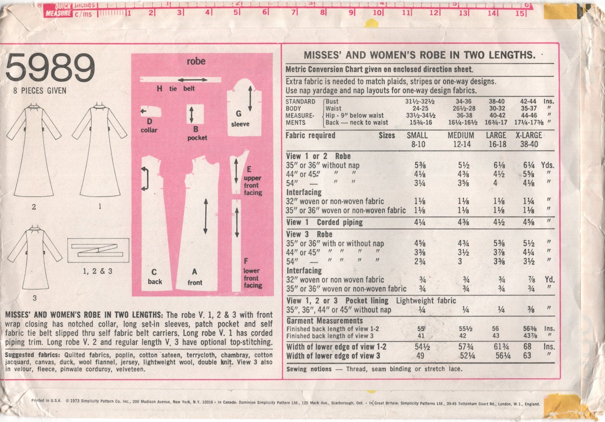 Simplicity 5989 Wrap Robe in Two Lengths with Tie Belt, Uncut, Factory ...