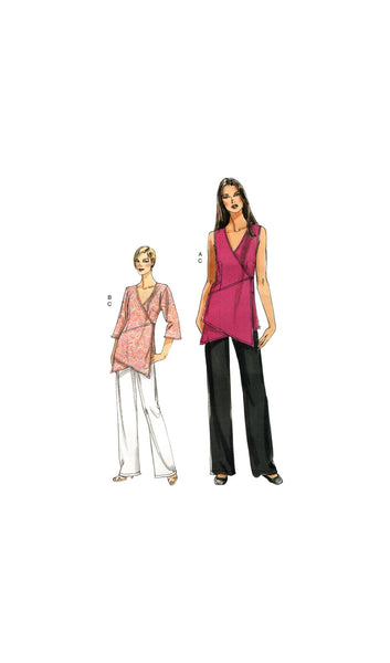 Vogue 8500 Lined, Wrap Front, Sleeveless or Three Quarter Sleeve Tunic and Pants, Uncut, Factory Folded Sewing Pattern Multi Size 4-14