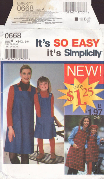 Simplicity 0668 Sewing Pattern, Child's and Woman's Jumper, Size SX-XL (3-8), Uncut, Factory Folded